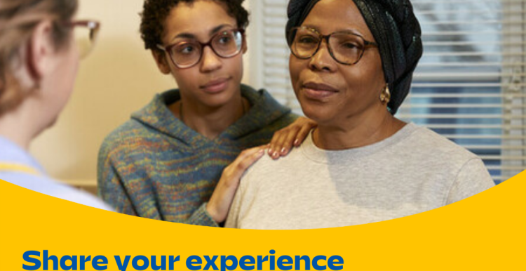 Black lady and young woman speaking with white care provider with wording 'Share your experience'