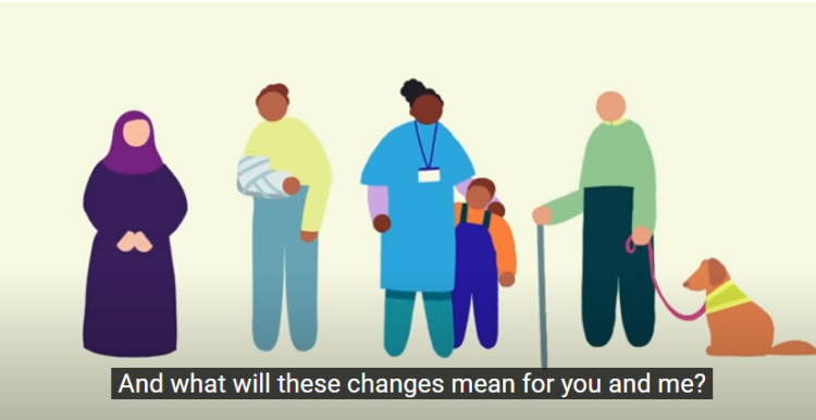 Screenshot of King's Fund video about NHS England showing people animation